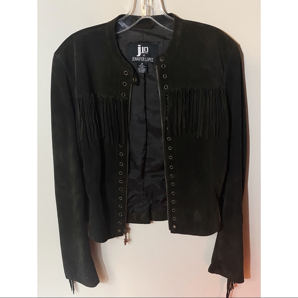 Jennifer Lopez dark brown leather fringe jacket